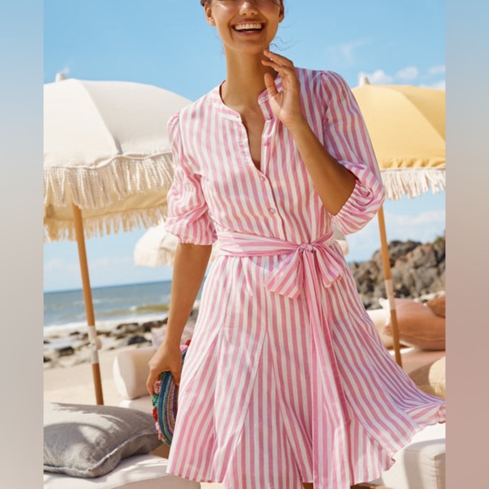 SOLD!!! Boden pink and white striped shirt dress with sash